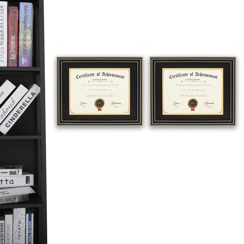 ELSKER&HOME Diploma Frames 11x14 with Mat- Solid Wood - Display 11x14 Document/Certificate with Mat or 15x18 without Mat - Wall Mount Display (Double Mat,Black Mat with Golden Rim) - Image 2